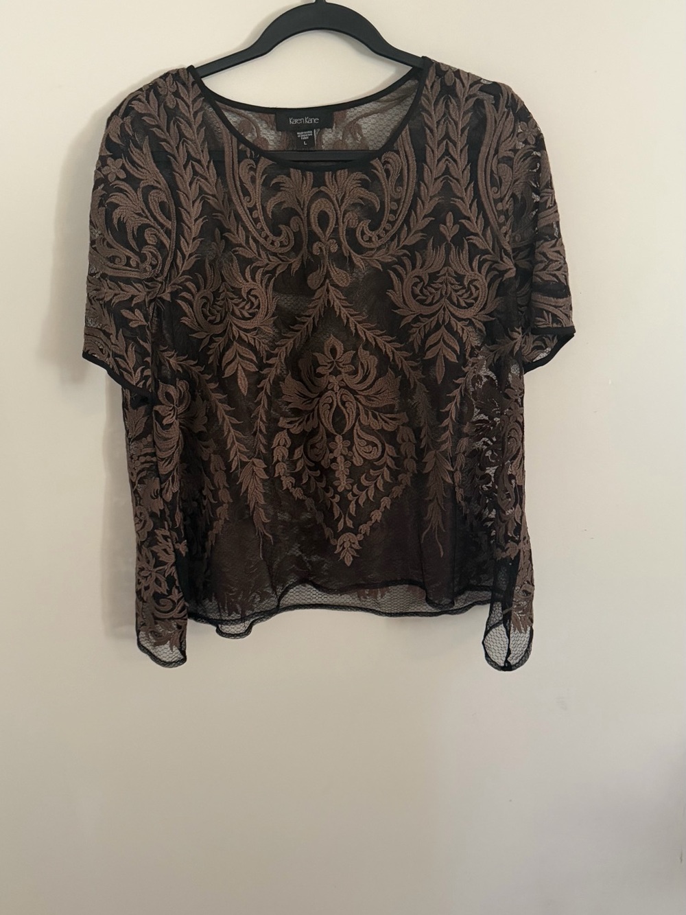 Karen Kane Black Sheer Short Sleeve Top with Brown Damask Embroidery